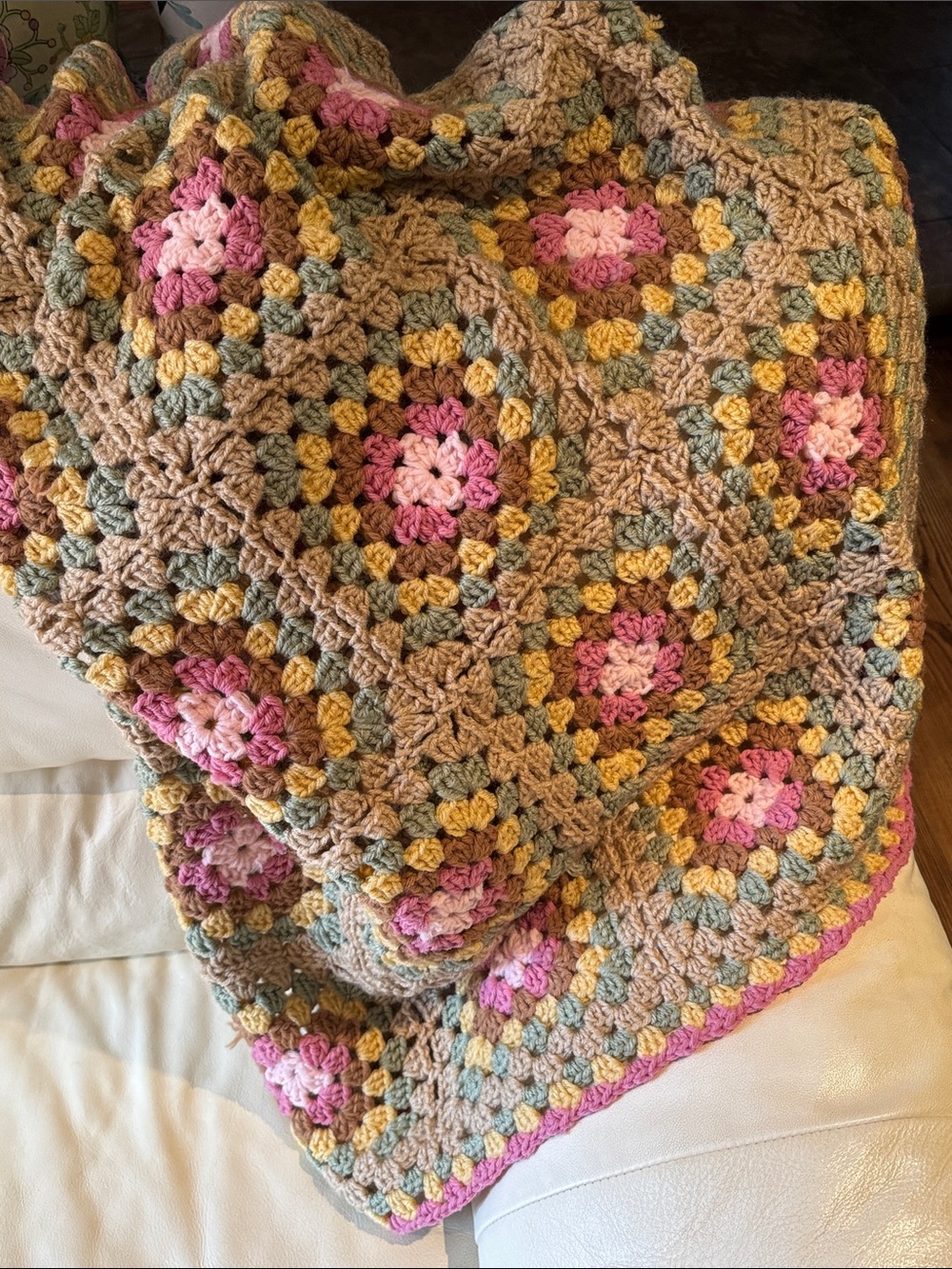 Handmade Blanket-Crocheted Granny Square-Pink/Brown/Green/Yellow-Gently Used - Picture 7 of 17